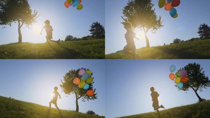 慢动作跟踪镜头，拍摄了一个女孩在蓝天下随风奔跑的气球。