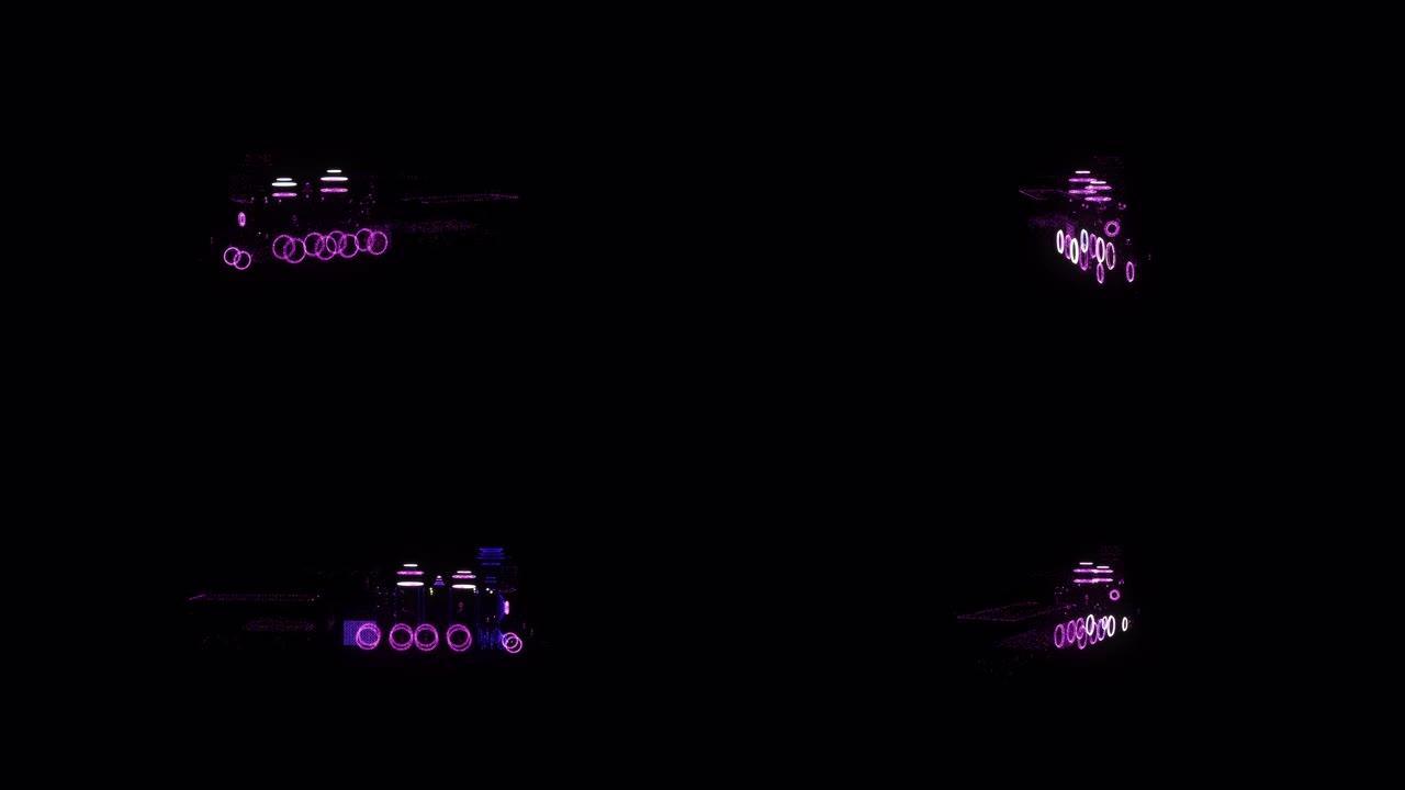 火车RGB全息图线框。黑色背景上的漂亮3D动画，未来项目的无缝循环