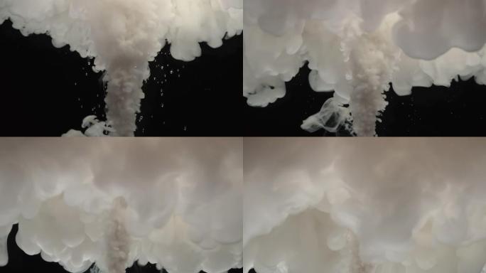 黑暗背景下的白色牛奶慢动作，与水混合和旋转波浪，抽象背景