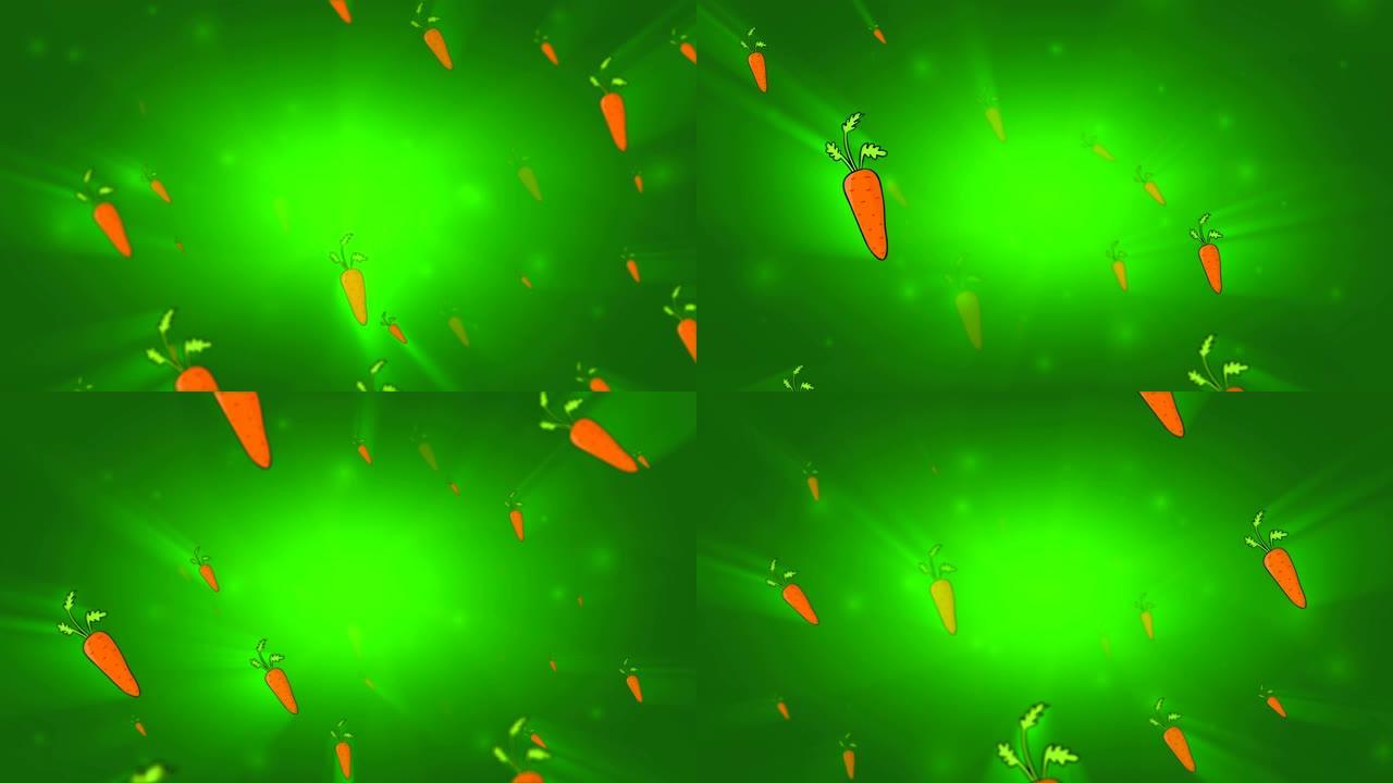 生动的胡萝卜从绿色背景上的明亮光芒慢慢移动。3D循环动画。