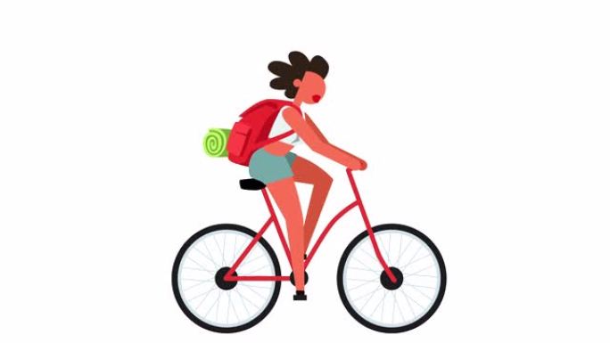 简笔画象形彩色女女孩角色自行车带背包旅行卡通动画