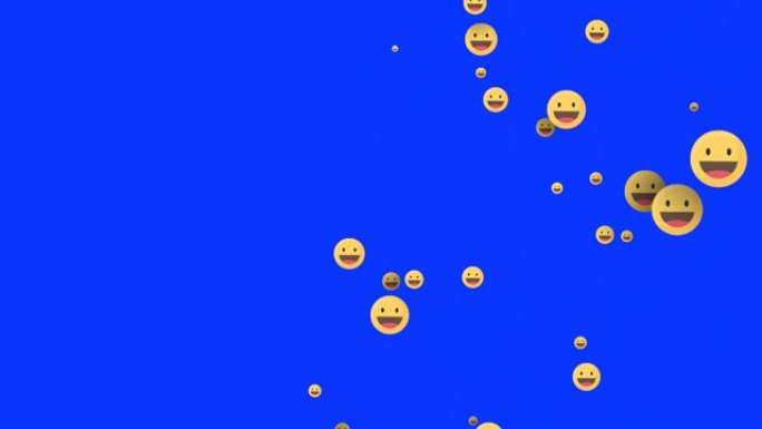 笑情绪图标动画在蓝屏。微笑图标弹出。社交媒体图标概念