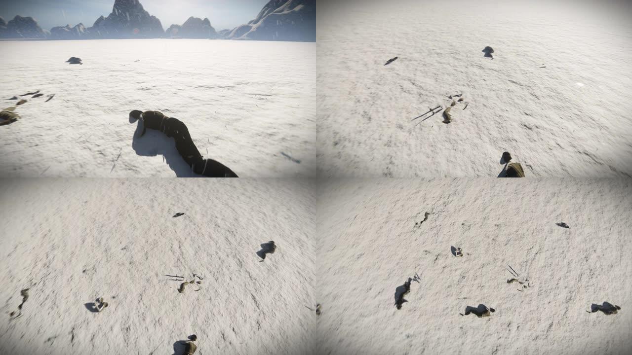 从鸟瞰图上看，士兵的尸体散落在冰封的湖面和雪山上，4k