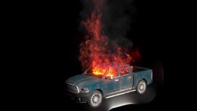 一辆爆炸燃烧的汽车在燃烧，汽车在慢动作中燃烧。使用alpha通道循环VFX动画。