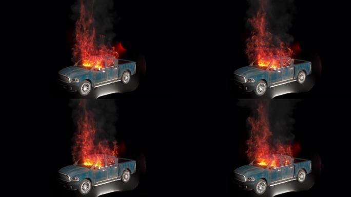 一辆爆炸燃烧的汽车在燃烧，汽车在慢动作中燃烧。使用alpha通道循环VFX动画。