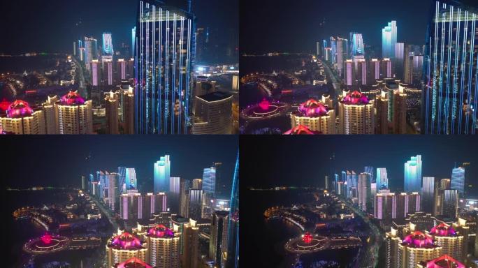 夜间照明秀青岛市著名的市中心海湾航空全景4k中国