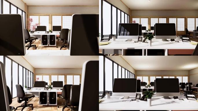 办公商务-漂亮的日本会议室和会议桌，现代风格。3D渲染