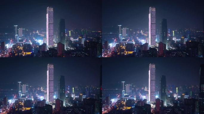 夜间照明长沙市市区繁忙交通街十字路口施工场空中全景4k中国