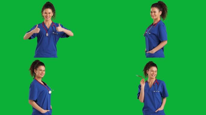 可爱的女医生在色度键绿屏背景上看着相机，积极情绪，慢动作