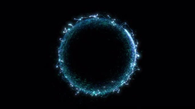 无缝循环。圆形蓝色门户的动画，由在黑色背景上隔离的粒子和能量爆发组成，带有alpha luma ma