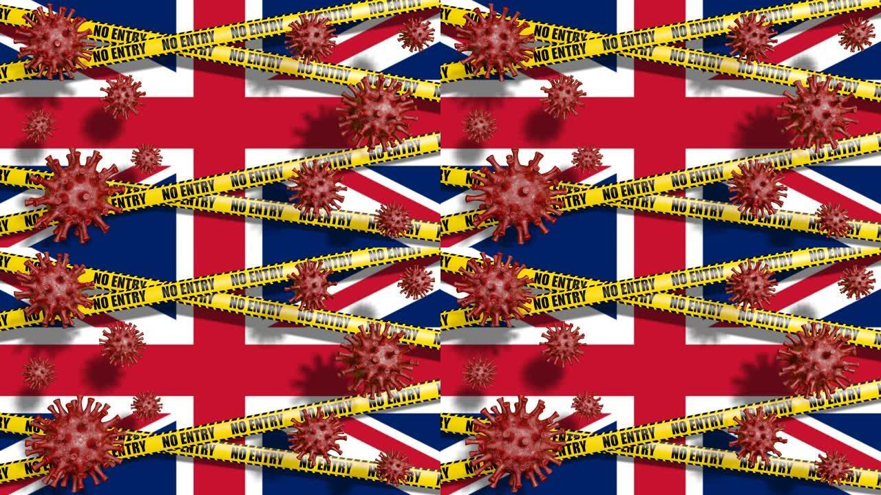 英国国旗和没有进入标志。循环抽象冠状病毒背景
