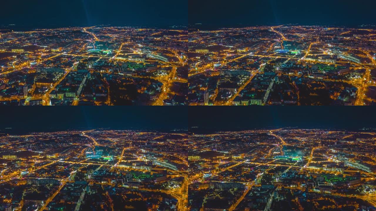 飞越明斯克市中心夜间照明航空全景4k延时白俄罗斯