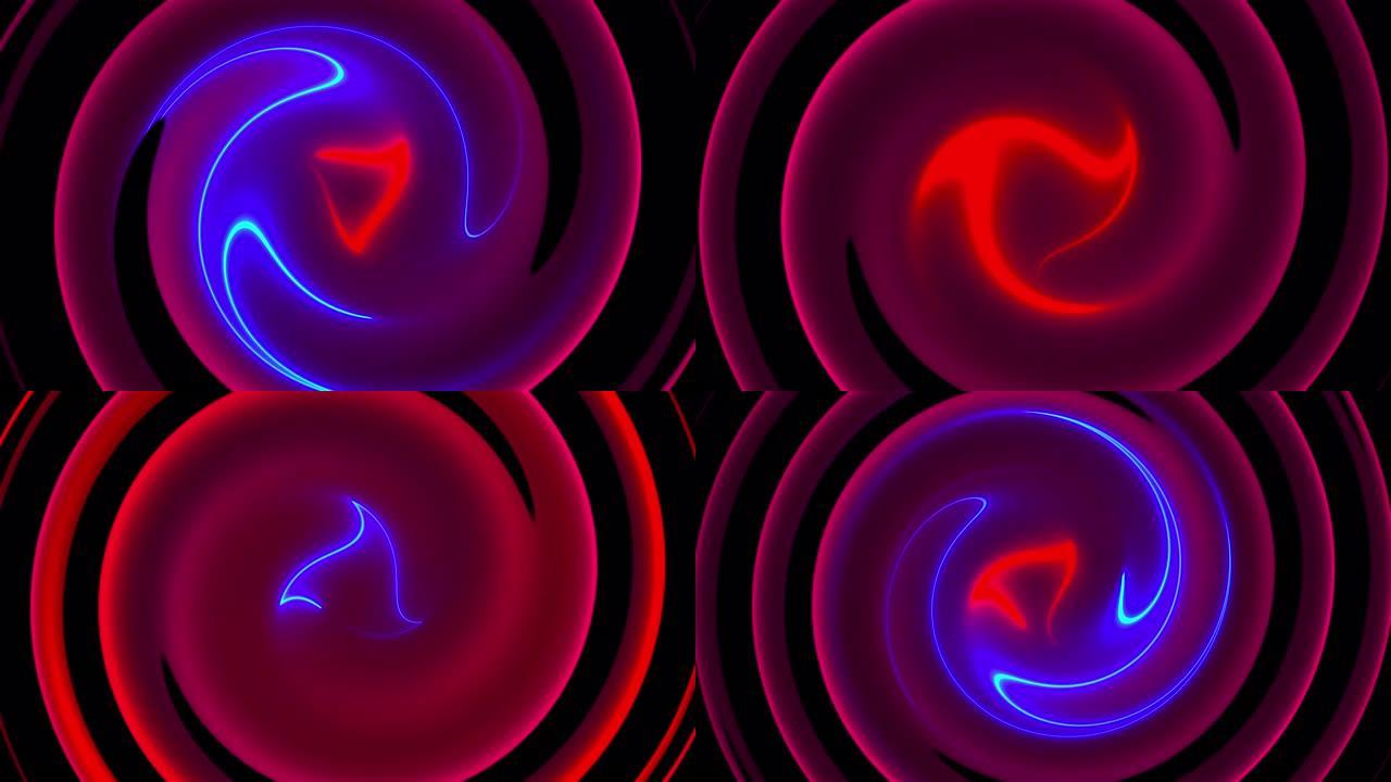 计算机生成的抽象扭曲背景。霓虹灯彩线的3D渲染圆形合并