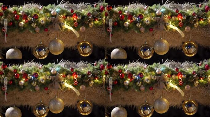 户外稻草拱门装饰有圣诞树树枝和花环灯