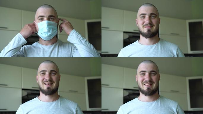戴着防护面具的秃头男子发现大流行已经结束，病毒疫情的结束，自我隔离的结束