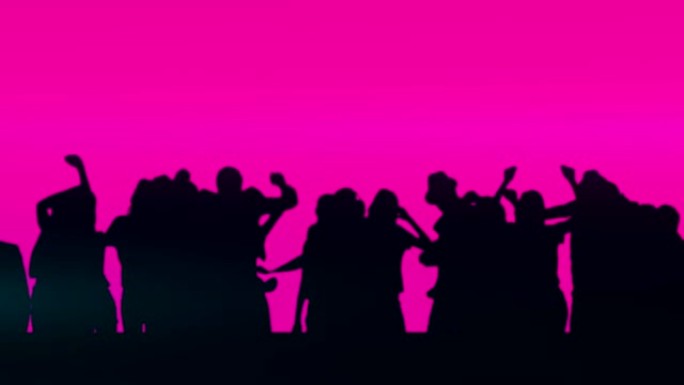 黑色剪影的动画，人群在粉红色背景上双臂在空中跳舞。