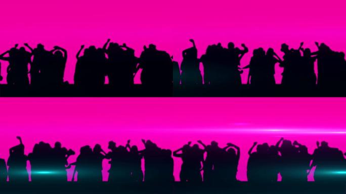黑色剪影的动画，人群在粉红色背景上双臂在空中跳舞。