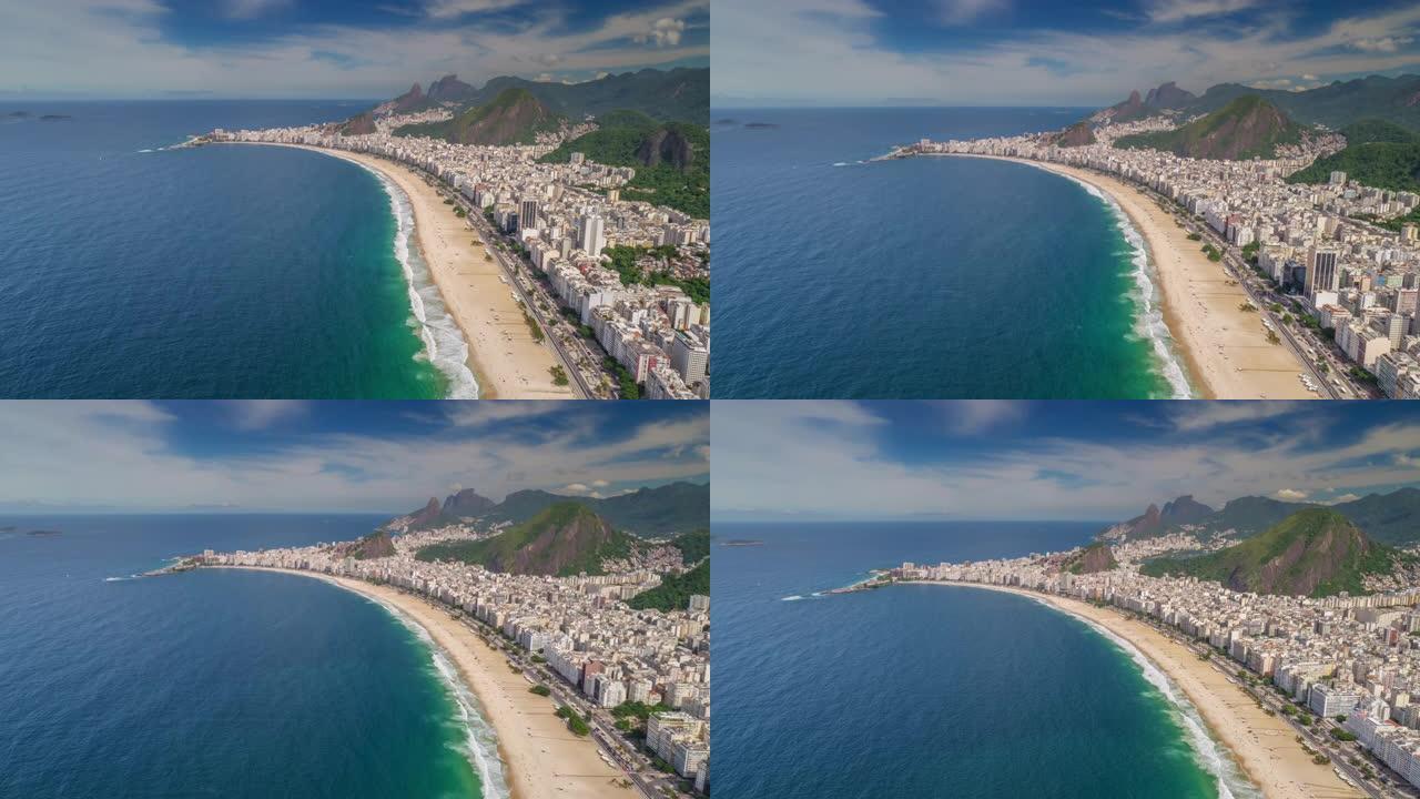 飞越里约热内卢市著名的海湾海滩晴天空中全景4k延时巴西