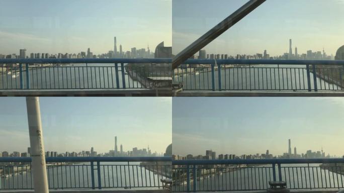 开车穿过中国上海的杨浦大桥，在背景中