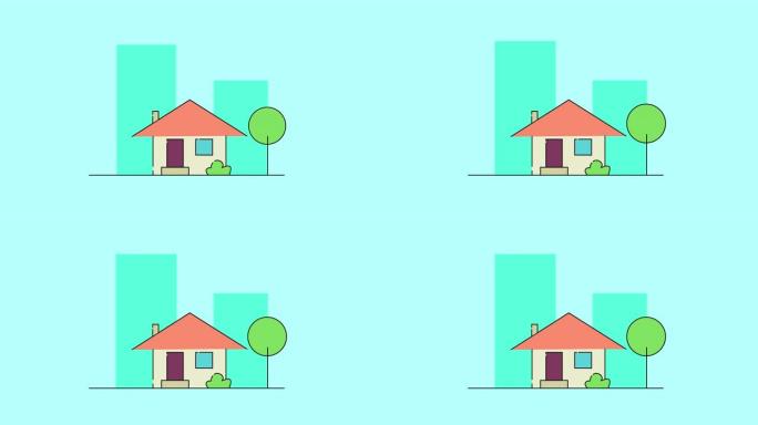 建筑概念平风格的房子，孤立在蓝色背景上。美丽的大建筑出现在背景上。新家、搬家、房地产和搬迁概念。平面