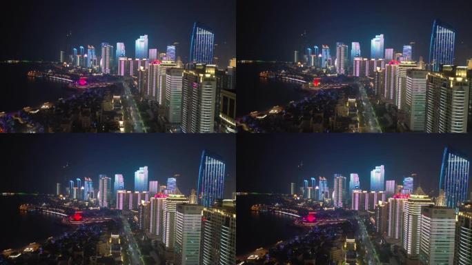 夜间照明显示青岛市著名的市中心海湾航空全景4k中国