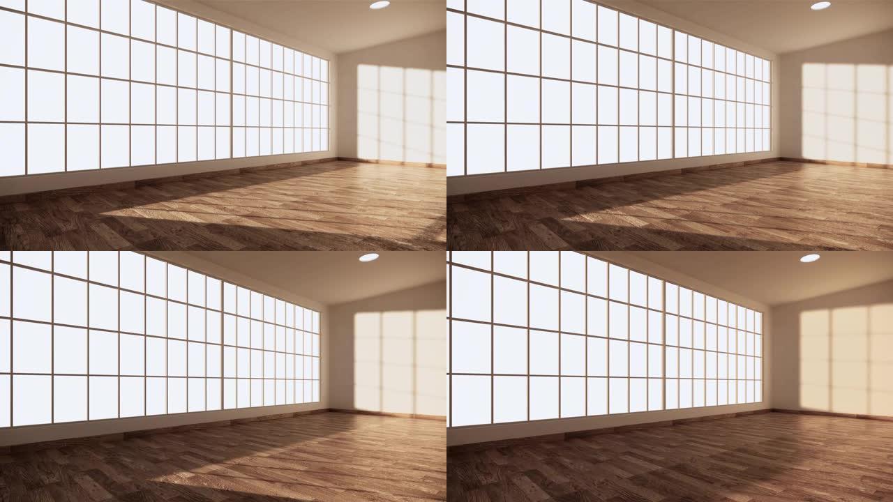 空房间内部，白色墙壁背景为木地板。3D渲染