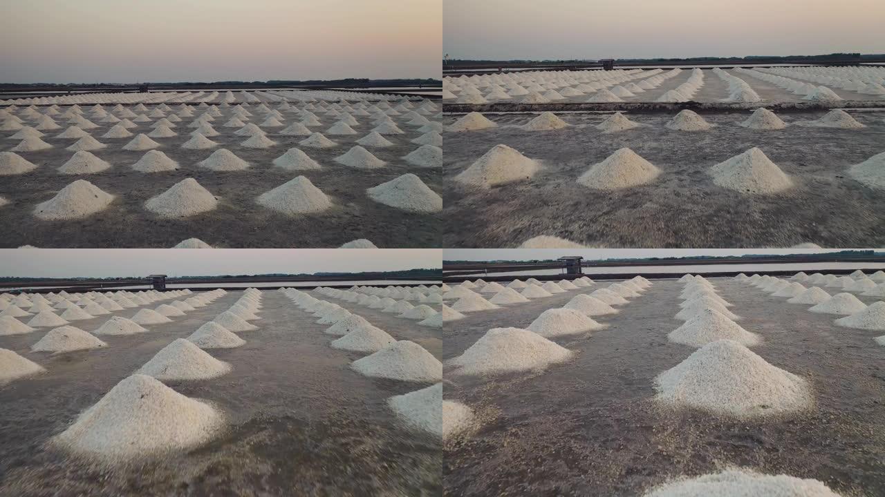 夏季盐场的鸟瞰图，有机海盐蒸发和海水结晶