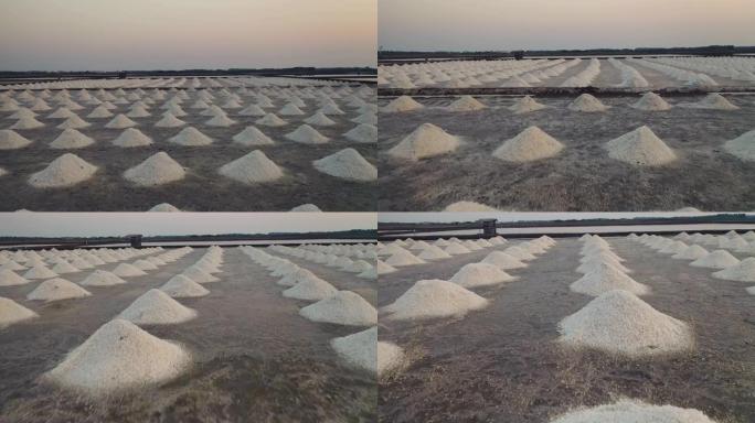 夏季盐场的鸟瞰图，有机海盐蒸发和海水结晶