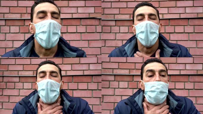 戴着医用口罩的人不能呼吸，窒息，窒息，生病，咳嗽沉重，呼吸困难，受苦。肖像
