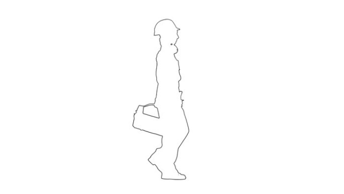 在白色背景上行走的带工具的头盔的建筑工人女性的轮廓草图