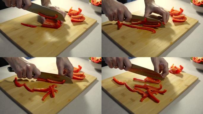 在木板上煮细碎的红甜椒切片。
