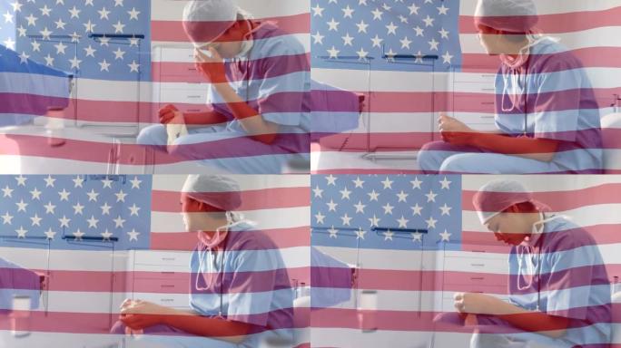 冠状病毒大流行期间背景为医护人员的美国国旗动画
