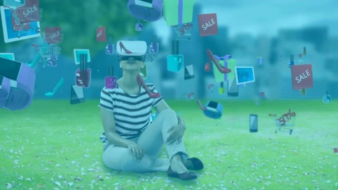 白人妇女戴着虚拟现实耳机坐在花园里漂浮的社交图标的动画