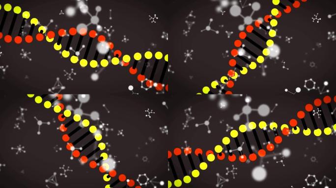 黑色背景上漂浮的多分子和化学元素的动画和DNA菌株