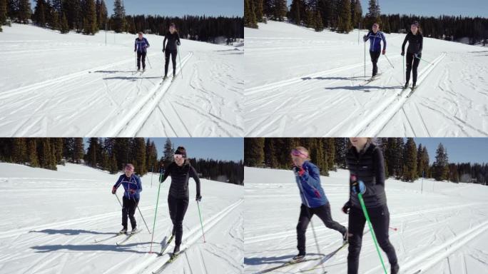 两个女性朋友享受一天的越野滑雪