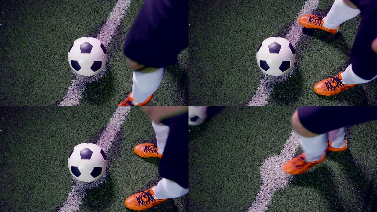 职业足球运动员的俯视图在第一个踢球之前有球，4k慢动作