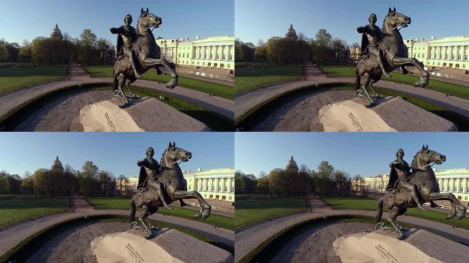 鸟瞰图。青铜骑士，圣彼得堡彼得一世的纪念碑。4K。