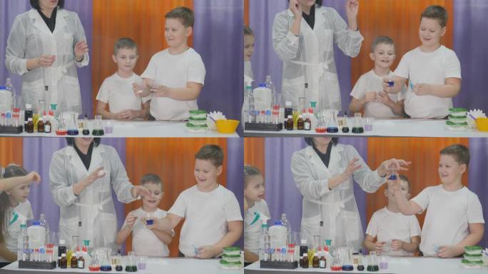 儿童化学实验。儿童有趣的实验。女人用手做魔术动作，蓝色液体变成冰，让孩子们惊讶。房间里充满了人造烟雾