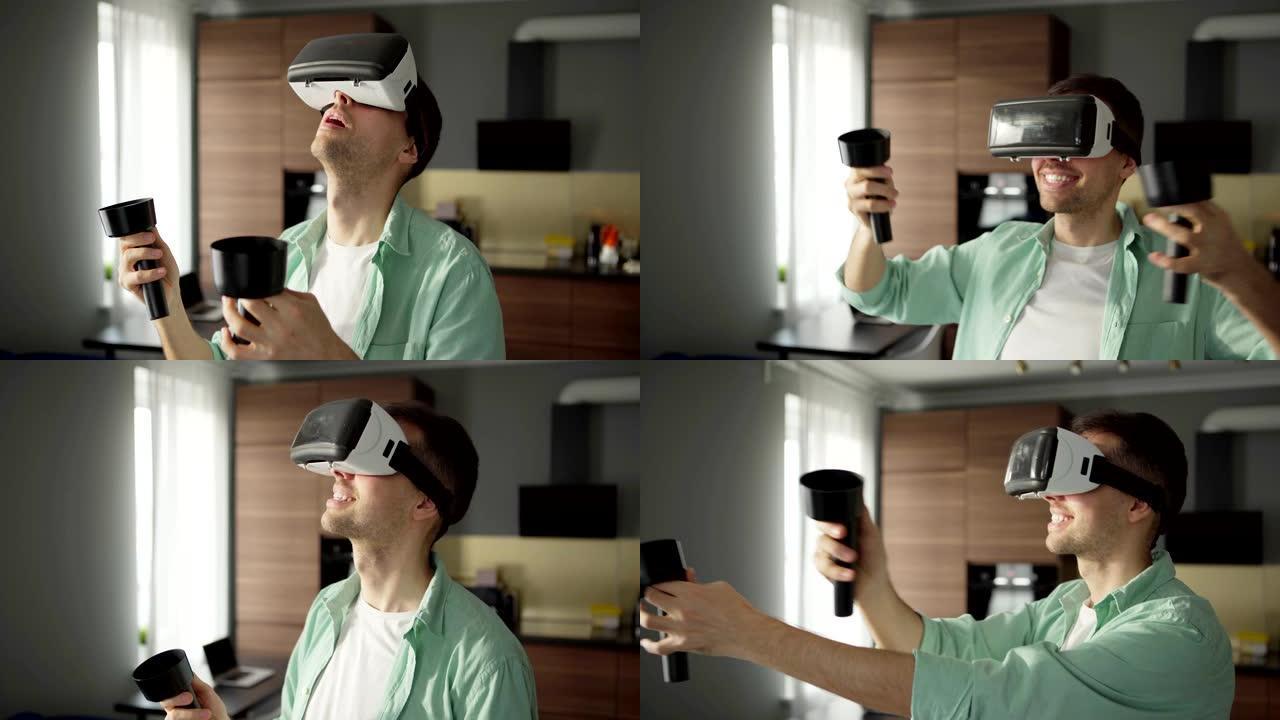 在vr眼镜中微笑的年轻人的腰部拍摄享受在家中使用手持控制器探索虚拟现实