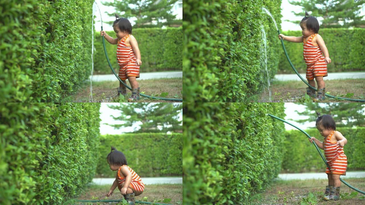 夏季晴天，男婴在花园里用绿色橡胶带浇灌植物。