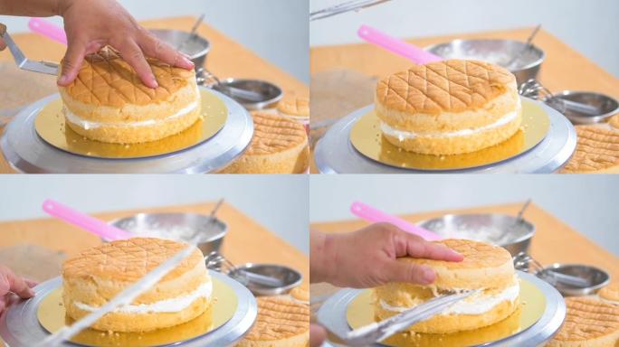 厨师加工自制香草奶油蛋糕，慢动作。