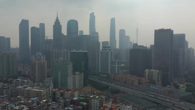 夏季雾霾广州市市区交通街空中全景4k中国