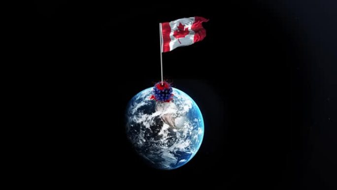 冠状病毒新型冠状病毒肺炎被加拿大击败，加拿大国旗在4k分辨率的旋转地球上挥舞着被拆除的病毒