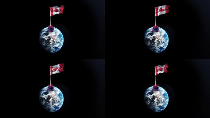 冠状病毒新型冠状病毒肺炎被加拿大击败，加拿大国旗在4k分辨率的旋转地球上挥舞着被拆除的病毒