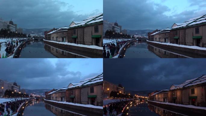 日本北海道小樽: 小樽运河。时间推移拍摄日落到晚上。