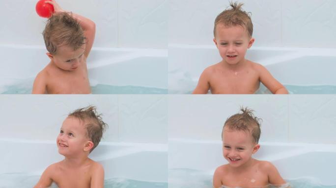 一个留着头发的小男孩洗澡。孩子在水中玩耍
