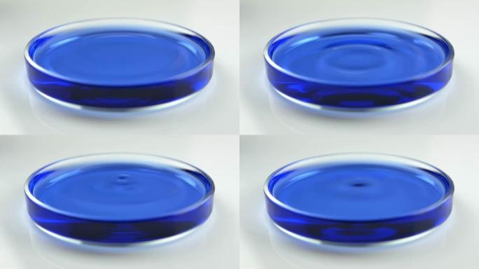 实验室中的蓝色液体滴入玻璃培养皿中