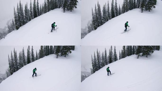 4k无人机拍摄的男子滑雪游览现代分板雪山