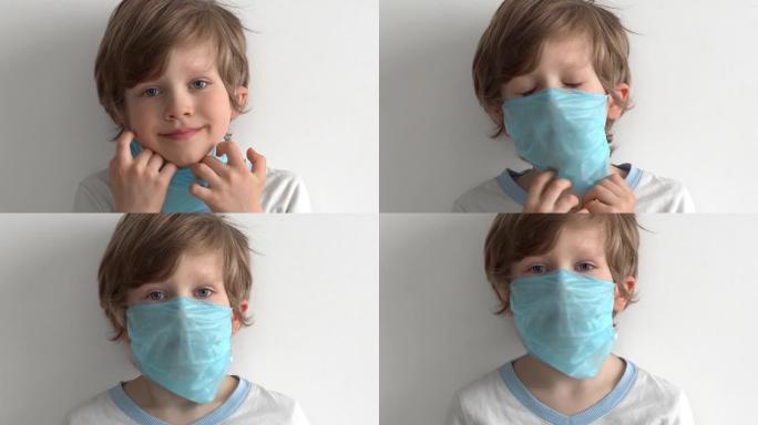 防止冠状病毒。小男孩在她脸上戴上面具。