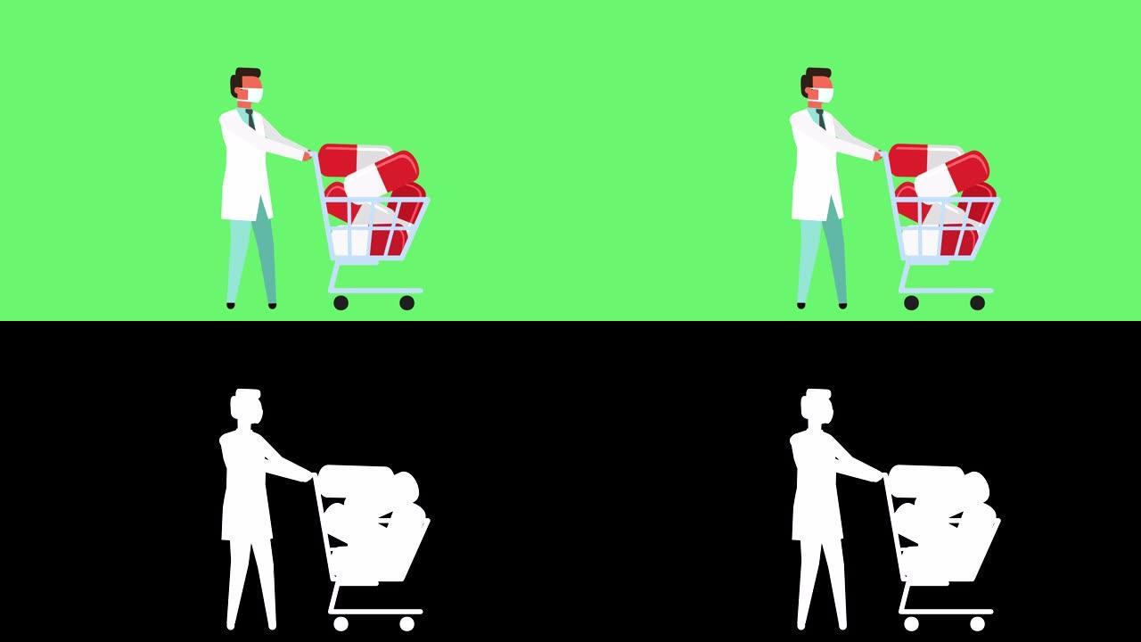 彩色棒图医生男人角色步行与药房药片卡通动画